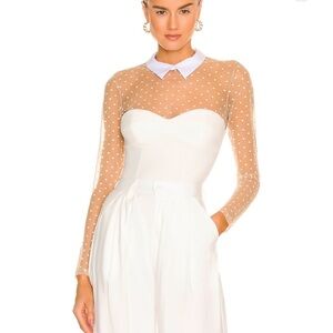 Fleur du Mal White Sweetheart Bustier Bodysuit with Sheer Polka Dot Long Sleeves